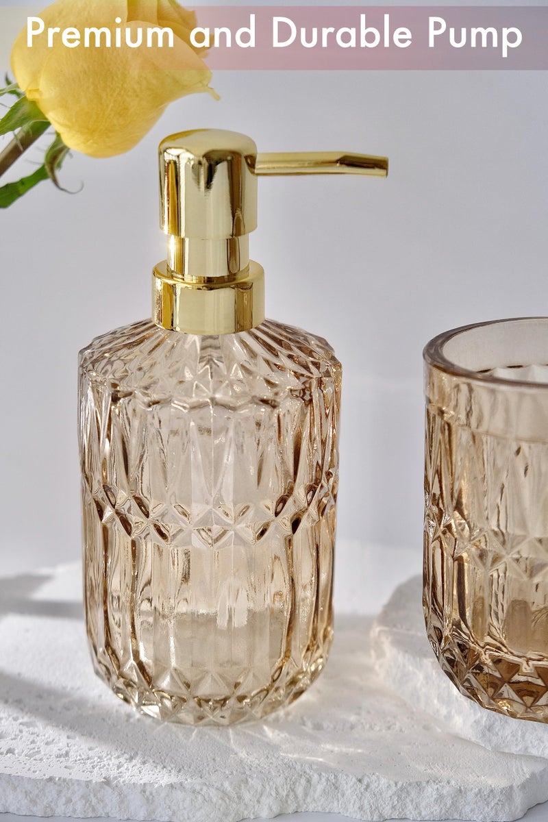 LaMarriti Brown Bathroom Accessories Set  5Pcs Clear Glass Bathroom Accessories  Lotion Soap Dispenser  Toothbrush Holder Set  Soap Dish  Qtip Holder  Tumbler  Vintage Bathroom Set  Vanity Organizer - Image 4